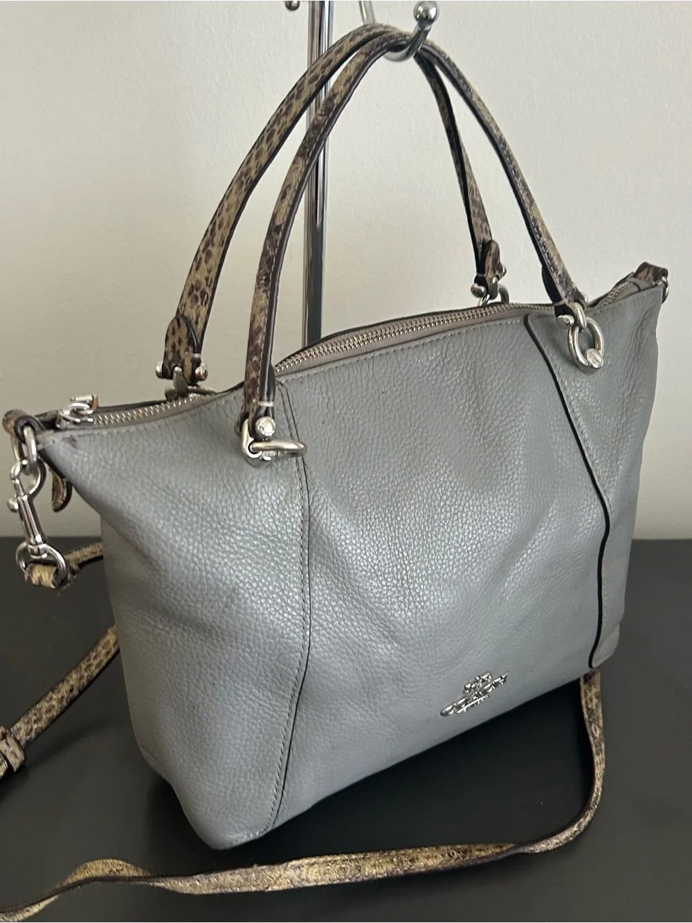Coach Prairie Satchel Gray Pebbled Leather Crossbody Shoulder Bag Snake Trim